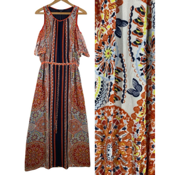 Butterfly Print Maxi Dress Size Medium Cold Shoulder Chiffon Boho Fairy Y2K New - Picture 1 of 14